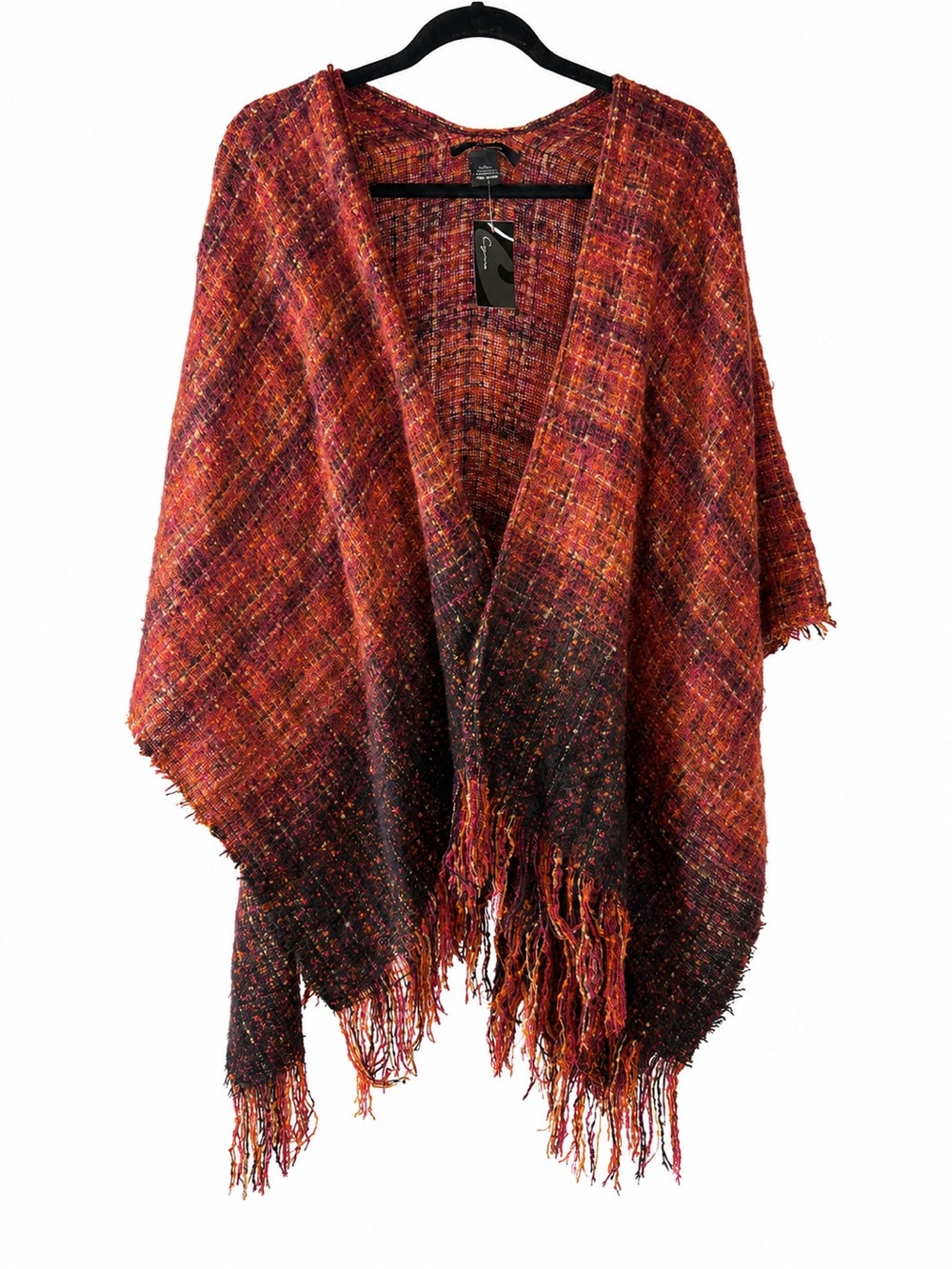 Cejon Red Orange Multicolor Fringe Poncho